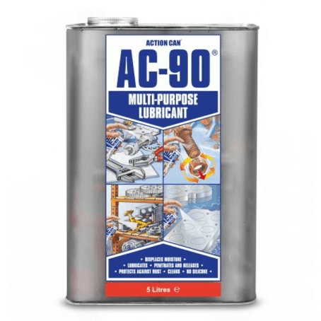 AC90 - Lubrificante Multiusos 5L + Aplicador | Características principais: Desloca a humidade e elimina as avarias induzidas pela humidade. Lubrifica as partes móveis para as manter a trabalhar sem problemas e de forma eficiente. Penetra e liberta rapidamente peças e fechos apreendidos. Excelente protecção anticorrosiva. Limpa eficazmente as superfícies, removendo gorduras, óleos pesados, ceras e muito mais. Não contém silicone.