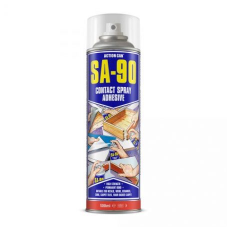 SA90 - Cola de Contacto Industrial 500ml | Características principais Adesivo de spray de contacto multiusos de alta resistência Ligação forte e flexível Fácil de usar com capacidade de posicionamento preciso O padrão de pulverização ajustável minimiza a pulverização excessiva Cobertura de aproximadamente 3-5m2 Sem cloro